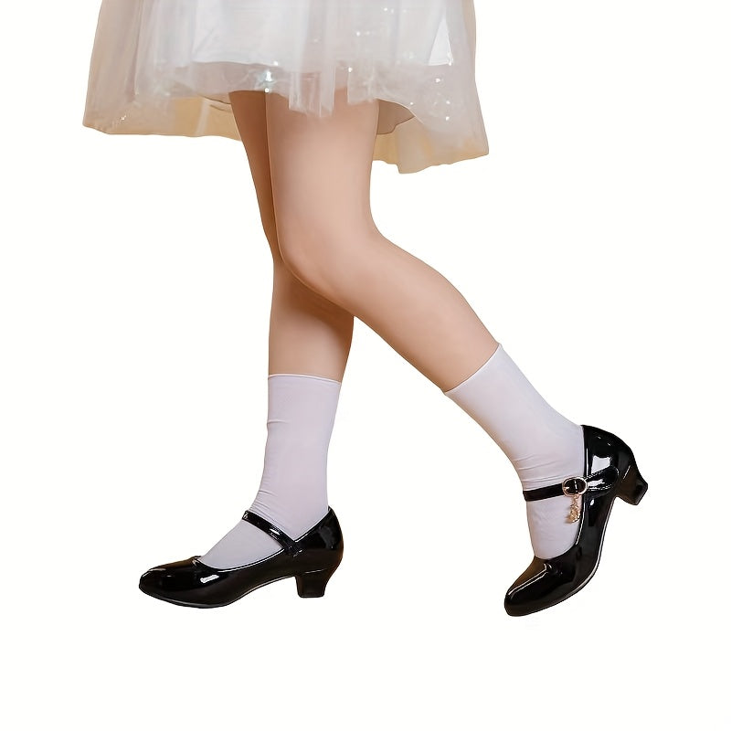 Girls Glossy Mary Jane Dress Shoes with Round Toe and Low Heel, Soft PU Party Shoes with Easy Strap Fastening in Black or White for Weddings and Celebrations