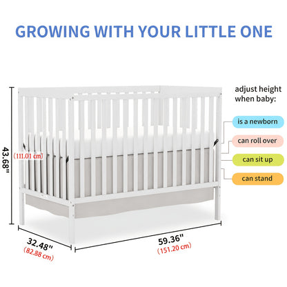 5-in-1 Convertible Crib by Goldzone, New Zealand Pine Wood Baby Crib with 4 Adjustable Mattress Heights, Toddler, Daybed and Full-Bed Options