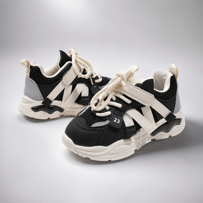 Toddler Geometric Sneakers with Breathable PU Upper, PVC Sole and Lace-Up plus Hook-and-Loop Closure, All-Season Casual Running Shoes for Ages 1-6