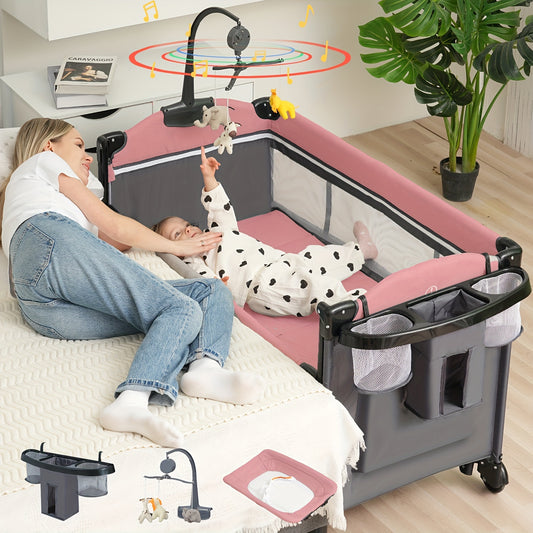 Foldable Baby Bassinet with Diaper Changing Station, 5-in-1 Infant Sleeper and Crib-Style Setup with Mattress Storage in Pink