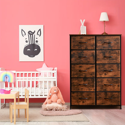 Fabric Drawer Dresser for Bedroom Storage with Metal Frame and Wood Tabletop, 9 or 10 Drawer Closet Organizer Tower for Clothes, Living Room or Entryway