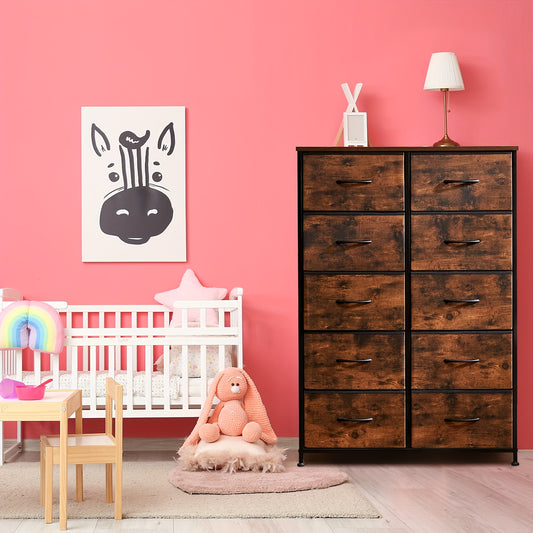 Fabric Drawer Dresser for Bedroom Storage with Metal Frame and Wood Tabletop, 9 or 10 Drawer Closet Organizer Tower for Clothes, Living Room or Entryway