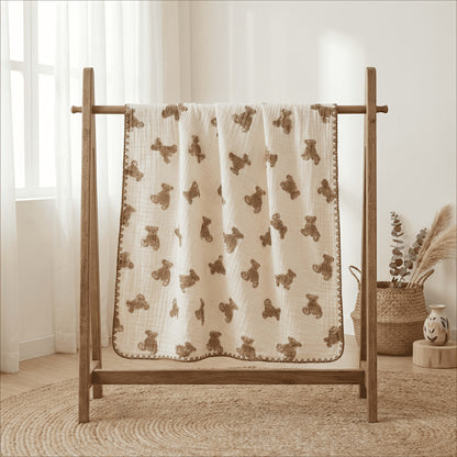 Double-Layer Baby Blanket with Cotton Gauze and Minky Dot Backing, 39.37 x 39.37 Inch Newborn Wrap in Bear, Rabbit and Dinosaur Prints