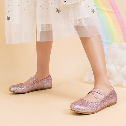 Girls Glitter Ballerina Flats with Crisscross Straps, DREAM PAIRS Mary Jane Dress Shoes in Pink or White for Toddler to Big Kid Weddings and Parties