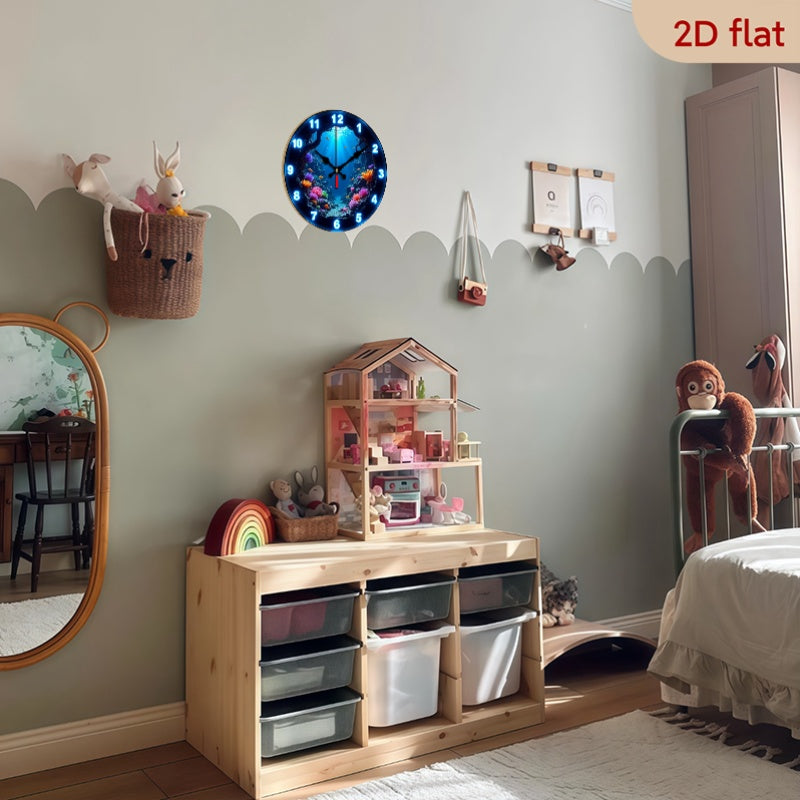 Underwater Nursery Wall Clock 10 Inch with Glow-in-the-Dark Fish and Coral Print, Silent Round 2D Flat Clock for Ocean-Themed Room Decor
