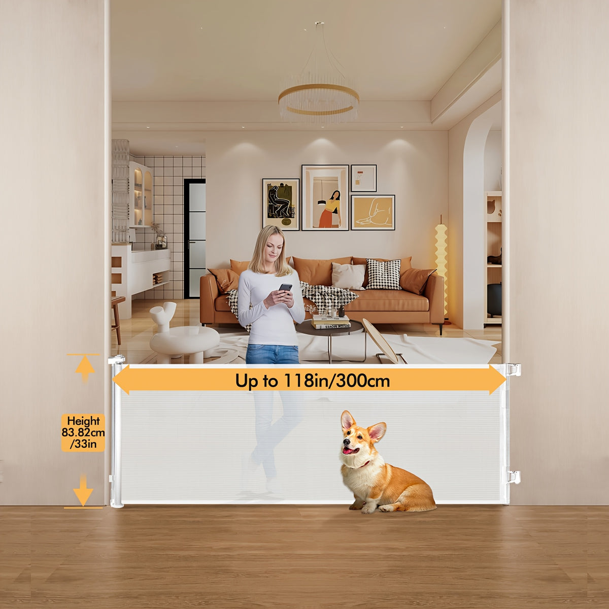 Retractable Mesh Baby Gate for Doorways, Hallways and Stairs, VERASTE Hardware-Mounted Expandable Barrier in 33-Inch and 41-Inch Height Options