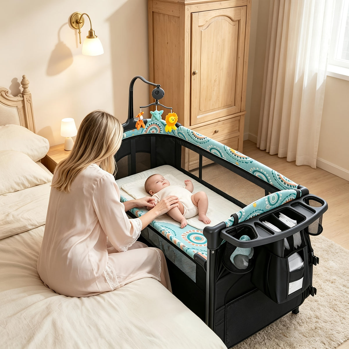 5-in-1 Pack and Play Baby Crib with Detachable Changing Table, Includes Mattress, Storage, Music, and 3 Adjustable Heights, Portable Large Playard for Newborn Baby, Supports Up to 19 Pounds