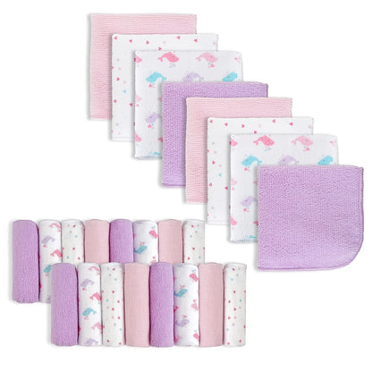 Soft Baby Washcloths 24-Pack, 9 x 9 Inch Absorbent Face and Body Bath Cloths with Whale, Elephant and Dinosaur Style Options for Everyday Care