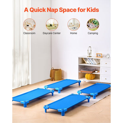 Stackable Toddler Nap Cots (Pack of 4 or 6) – Portable Daycare Sleeping Beds for Kids, 52" L x 23" W Preschool Classroom Rest Cots with Sturdy Steel Frame and Breathable Oxford Fabric, Blue