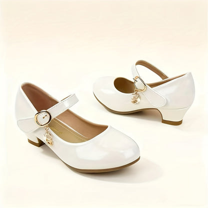 Girls Glossy Mary Jane Dress Shoes with Round Toe and Low Heel, Soft PU Party Shoes with Easy Strap Fastening in Black or White for Weddings and Celebrations
