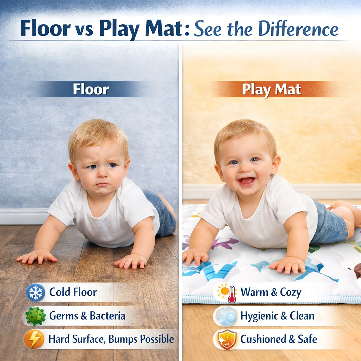 Patterned Baby Floor Mat 50 x 50 Inches, Soft Washable Playpen and Crawling Surface with Anti-Slip Bottom for Tummy Time and Supervised Indoor Play