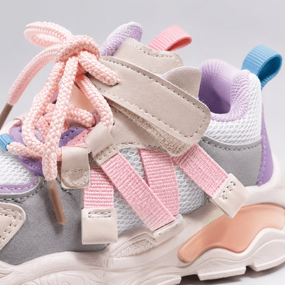 Toddler Geometric Sneakers with Breathable PU Upper, PVC Sole and Lace-Up plus Hook-and-Loop Closure, All-Season Casual Running Shoes for Ages 1-6