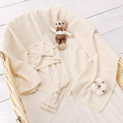 Baby Swaddle Blanket Gift Set with Matching Hat and Bow Headband, 3-Piece Newborn Wrap Accessories for Girls and Boys in Four-Season Colors