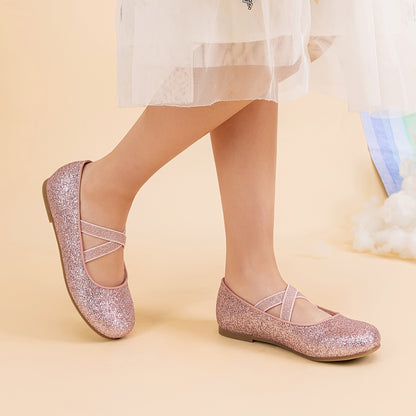 Girls Glitter Ballerina Flats with Crisscross Straps, DREAM PAIRS Mary Jane Dress Shoes in Pink or White for Toddler to Big Kid Weddings and Parties