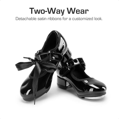 Kids Tap Dance Shoes with Hook-and-Loop Strap, Removable Satin Ribbons and Front-and-Back Taps for Girls and Boys, Toddler, Little Kid & Big Kid Sizes