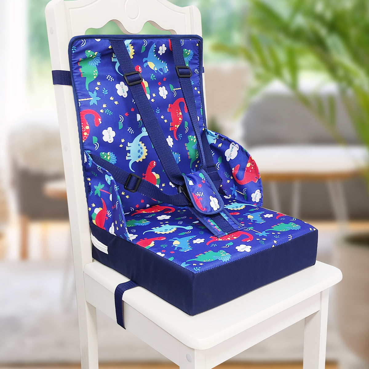 Kids Dining Chair Cushion with Backrest and Adjustable Straps, Foldable Oxford Cloth Seat Pad with Removable Washable Cover for Home and Travel