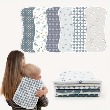 Newborn Burp Cloths 6-Pack, Soft Breathable Contoured Spit-Up Cloth Set with Cartoon Prints for Baby Boys and Girls and Everyday Feeding