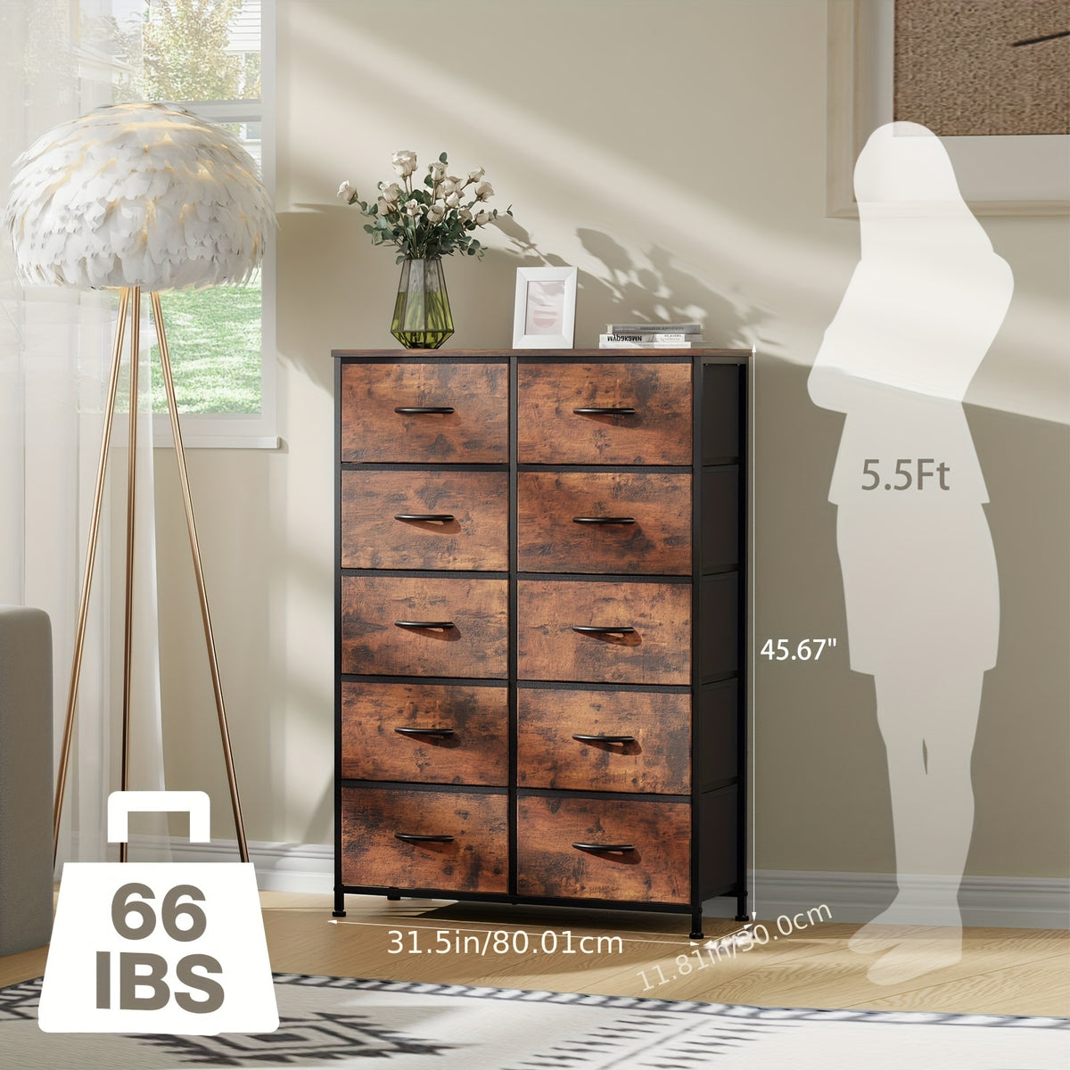 Fabric Drawer Dresser for Bedroom Storage with Metal Frame and Wood Tabletop, 9 or 10 Drawer Closet Organizer Tower for Clothes, Living Room or Entryway