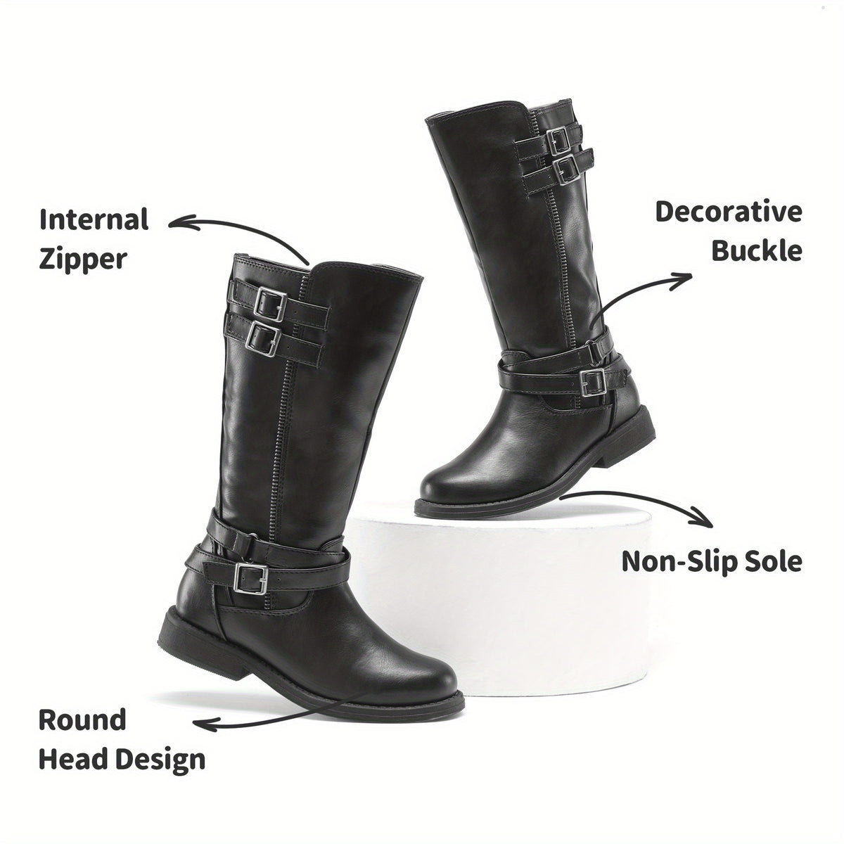 Girls' Buckle Knee-High Winter Boots with Classic Riding Style, Fabric Lining and PU Insole for Toddler, Little Kid & Big Kid, Black, Dark Brown or Sepia