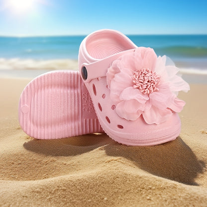 Pink Flower Kids Slippers for Girls, Soft-Feel Summer Slip-On Clog-Style Shoes for Toddler and Little Kid Sizes, Casual Beach Vacation Looks