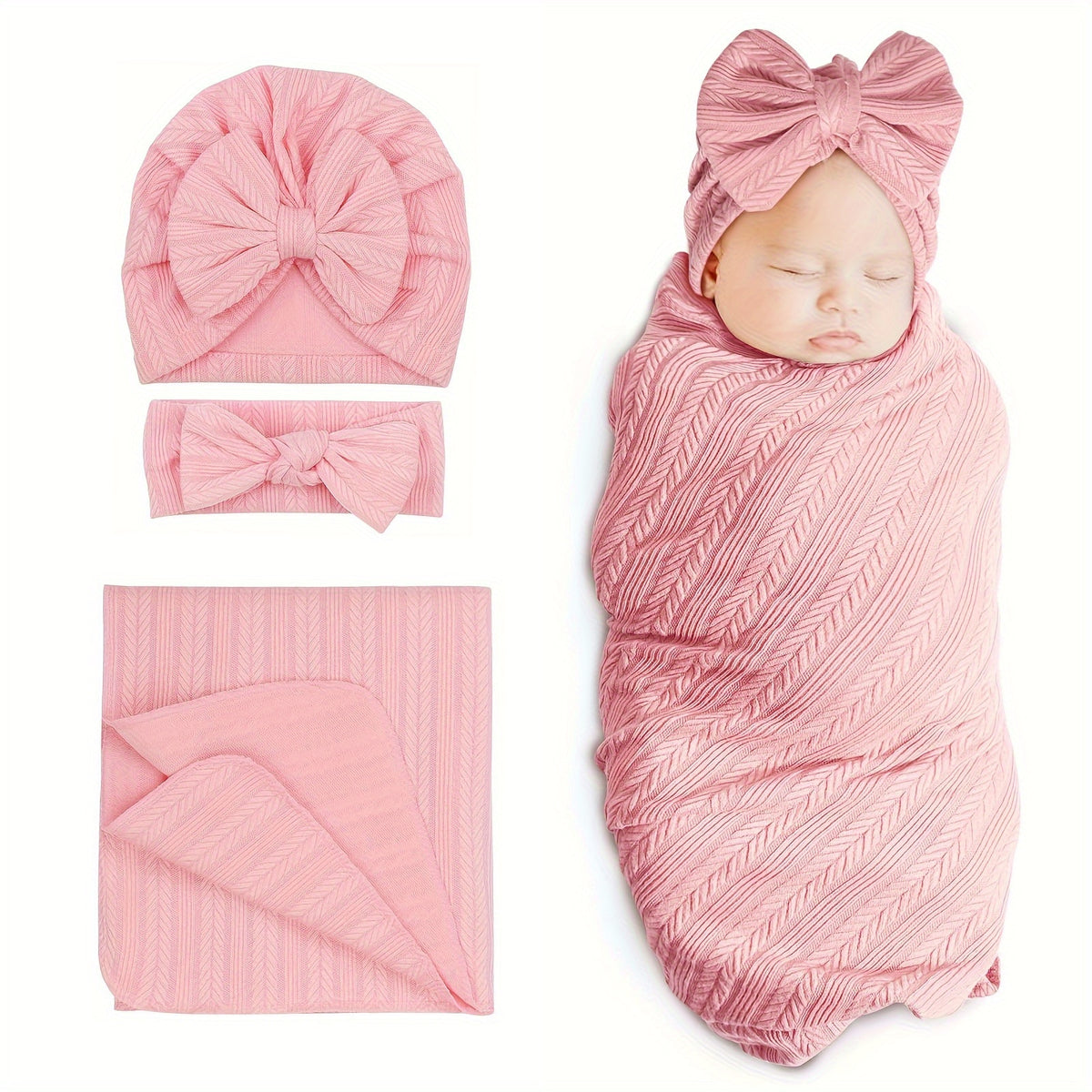 Baby Swaddle Blanket Gift Set with Matching Hat and Bow Headband, 3-Piece Newborn Wrap Accessories for Girls and Boys in Four-Season Colors