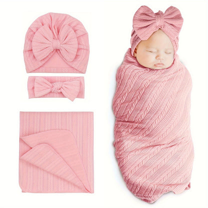Baby Swaddle Blanket Gift Set with Matching Hat and Bow Headband, 3-Piece Newborn Wrap Accessories for Girls and Boys in Four-Season Colors