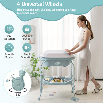 Folding Baby Changing Table with Bathtub and Wheels, Portable Diaper Station and Storage Shelf for Infants 0-12 Months, Space-Saving Rolling Nursery Cart with Weight Capacity, Blue