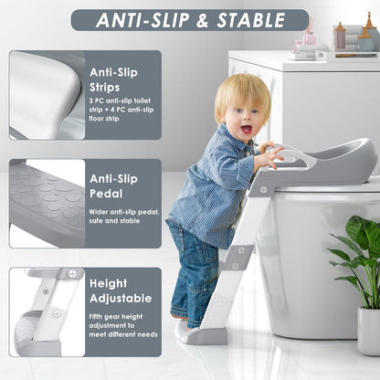 Toddler Potty Seat with Safety Harness, 3-in-1 Foldable Portable Toilet Trainer and Adjustable Step Stool for Boys and Girls