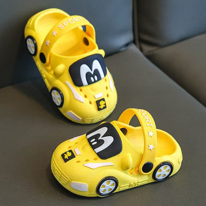 Kids Cartoon Car Clogs with Strap and Ventilation Holes, Soft-Sole Vehicle-Shaped Casual Shoes in White, Yellow, Orange or Blue for Toddler and Little Kid Boys