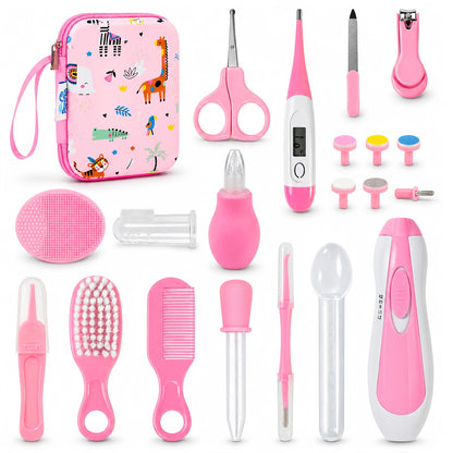Infant Daily Care Kit 20-in-1 with Nail Clipper, Nasal Aspirator, Hair Brush and Comb, Baby Grooming Essentials with Zippered Case in Pink or Blue