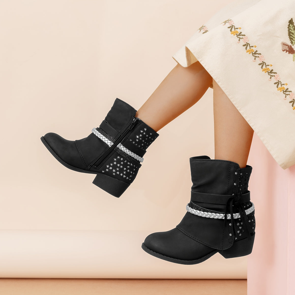 Plaid Side-Zip Ankle Boots for Girls - Stylish Low Heel Boots with Warm Lining, Non-Slip Outsole, Easy On and Off for Little Kid & Big Kid, Perfect for Fall and Winter