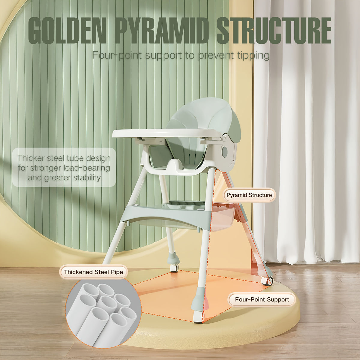 Double Tray Baby High Chair, Adjustable PU Leather Dining Seat with Five-Point Harness and Detachable Two-Layer Tray for Home Mealtimes