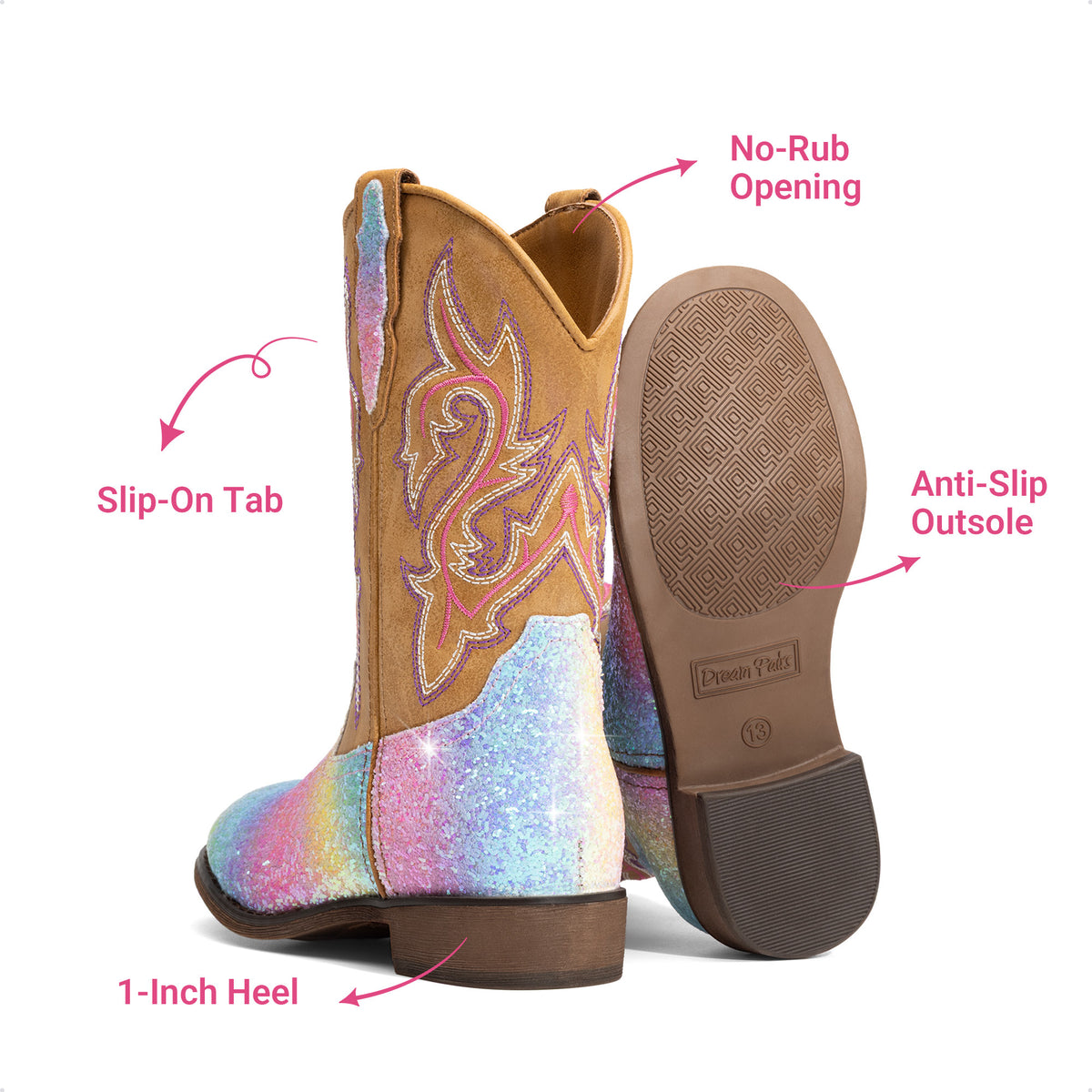 Kids Glitter Cowgirl Boots, Sparkly Western Mid-Calf Pull-On Shoes with Embroidered PU Upper, Round Toe and Easy-Grip Tabs for Girls’ Dance, Dress-Up, Parties & Everyday Play