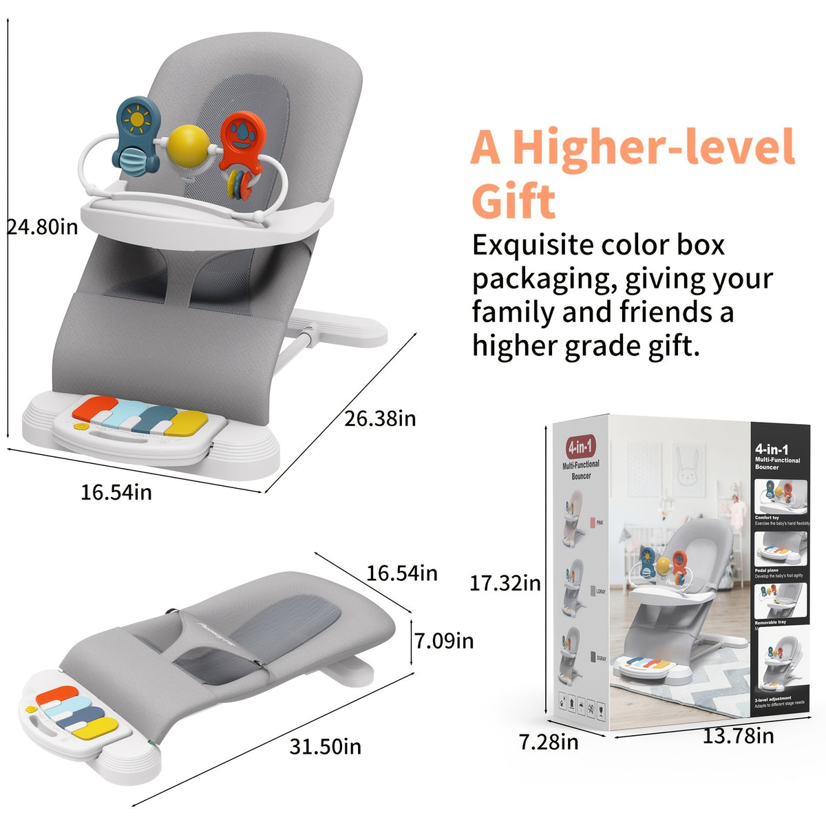 Piano Baby Bouncer and Rocker, 3-in-1 Portable Seat with Detachable Keyboard, Feeding Tray, Play Bar and Three Adjustable Incline Positions