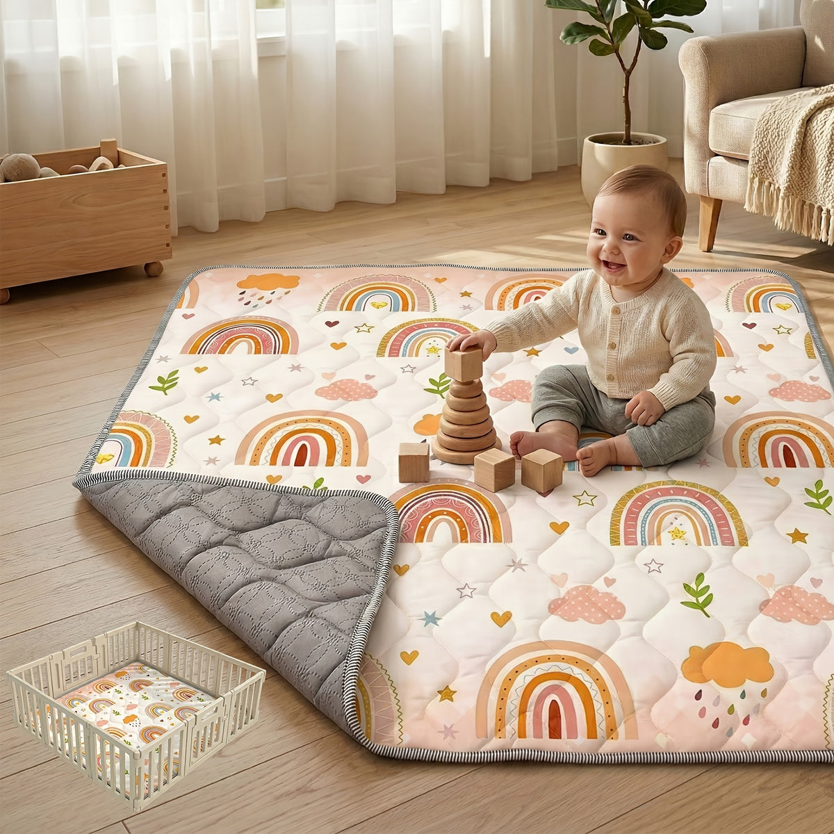 Foldable 50-Inch Baby Crawling Mat with Soft Padding, Machine-Washable Boho Playpen Floor Mat for Infants and Toddlers at Home