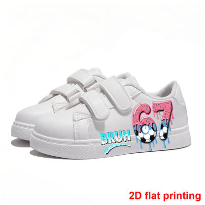 Kids Hook-and-Loop Sneakers with 67 Cartoon Print, White Low-Top Triple-Strap Casual Shoes for Toddler, Little Kid and Big Kid School Outfits and Play