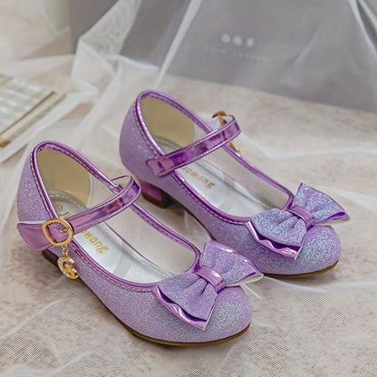 Girls Low Heel Mary Jane Shoes with Bow and Flower Details, Round-Toe Cushioned Dress Shoes in Blue or Purple for Toddler to Big Kid Parties and Weddings