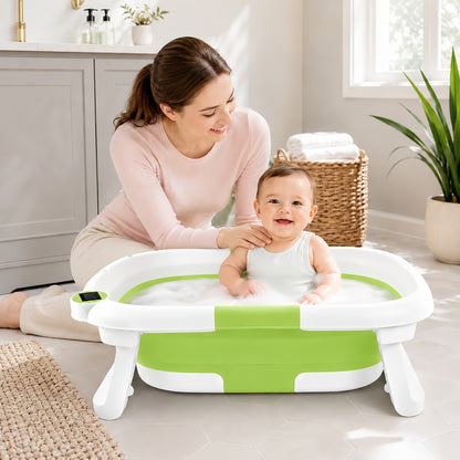 Baby Bathtub with Thermometer and Soft Cushion, Collapsible Infant-to-Toddler Bath Tub for 0 to 36 Months with Easy-Grip Handles in Five Colors
