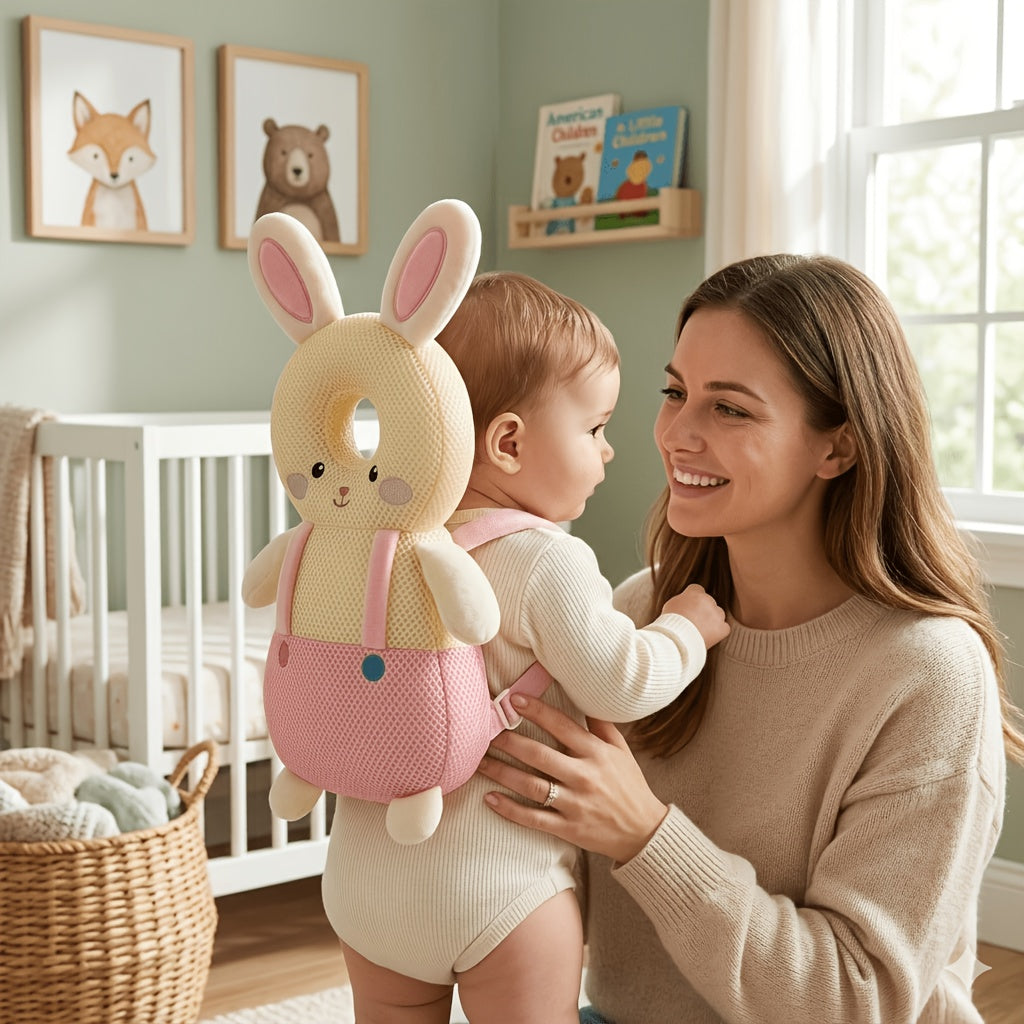 Plush Baby Head Cushion Backpack with Astronaut, Pink Rabbit or Brown Bear Design, Adjustable Straps for Supervised Crawling and First Steps