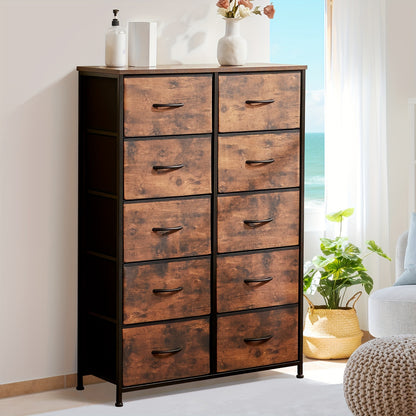 Fabric Drawer Dresser for Bedroom Storage with Metal Frame and Wood Tabletop, 9 or 10 Drawer Closet Organizer Tower for Clothes, Living Room or Entryway