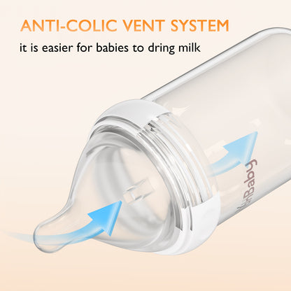 Slow Flow Glass Baby Bottles by YunBaby, 180 mL White Feeding Bottles with Listed Natural Rubber Nipples, Newborn 0+ Label and 1–6 Pack Options