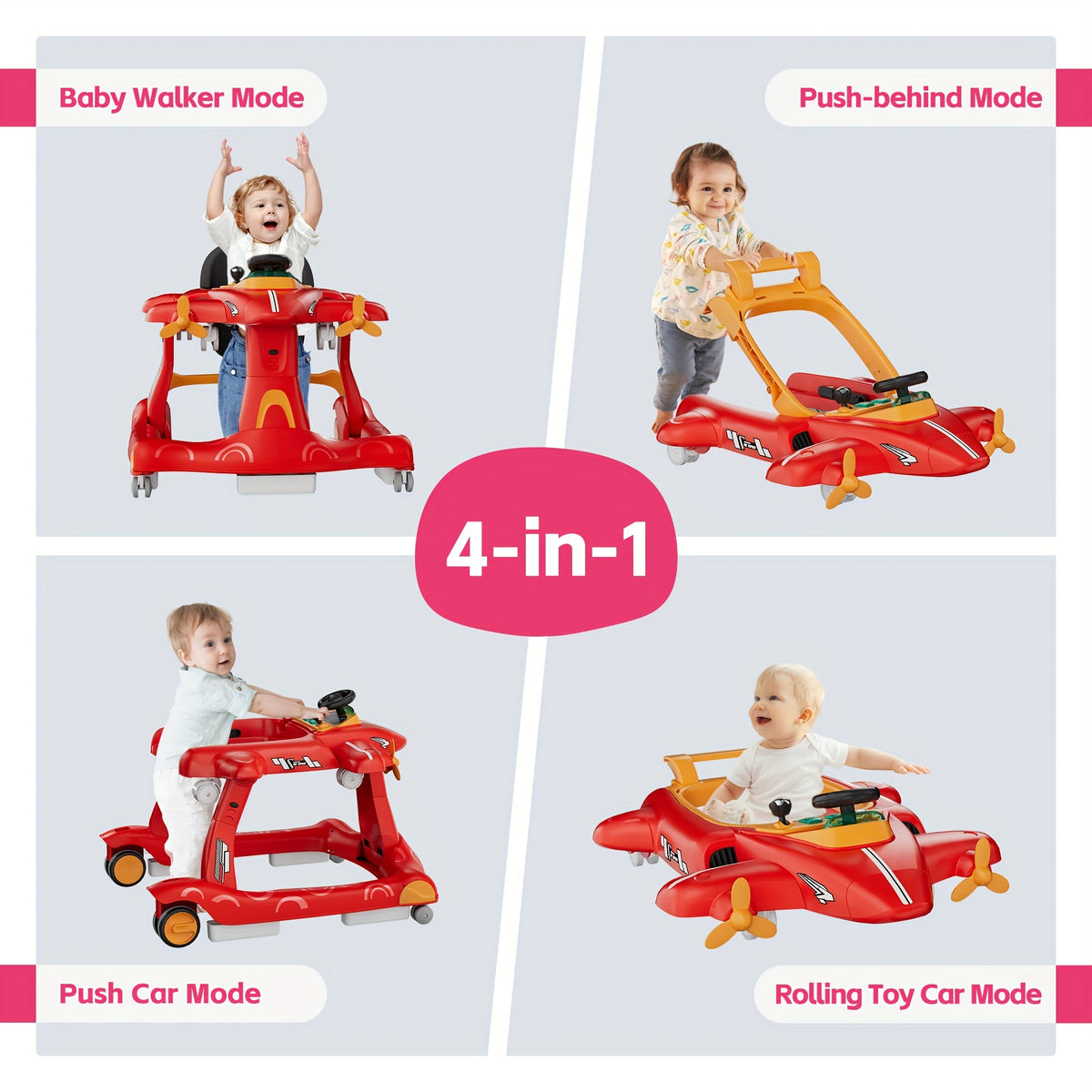 6-in-1 Activity Walker for Babies 6–18 Months, Foldable Height-Adjustable Walker with Rocker and Jumper Modes, Padded Seat, Lights and Music Tray