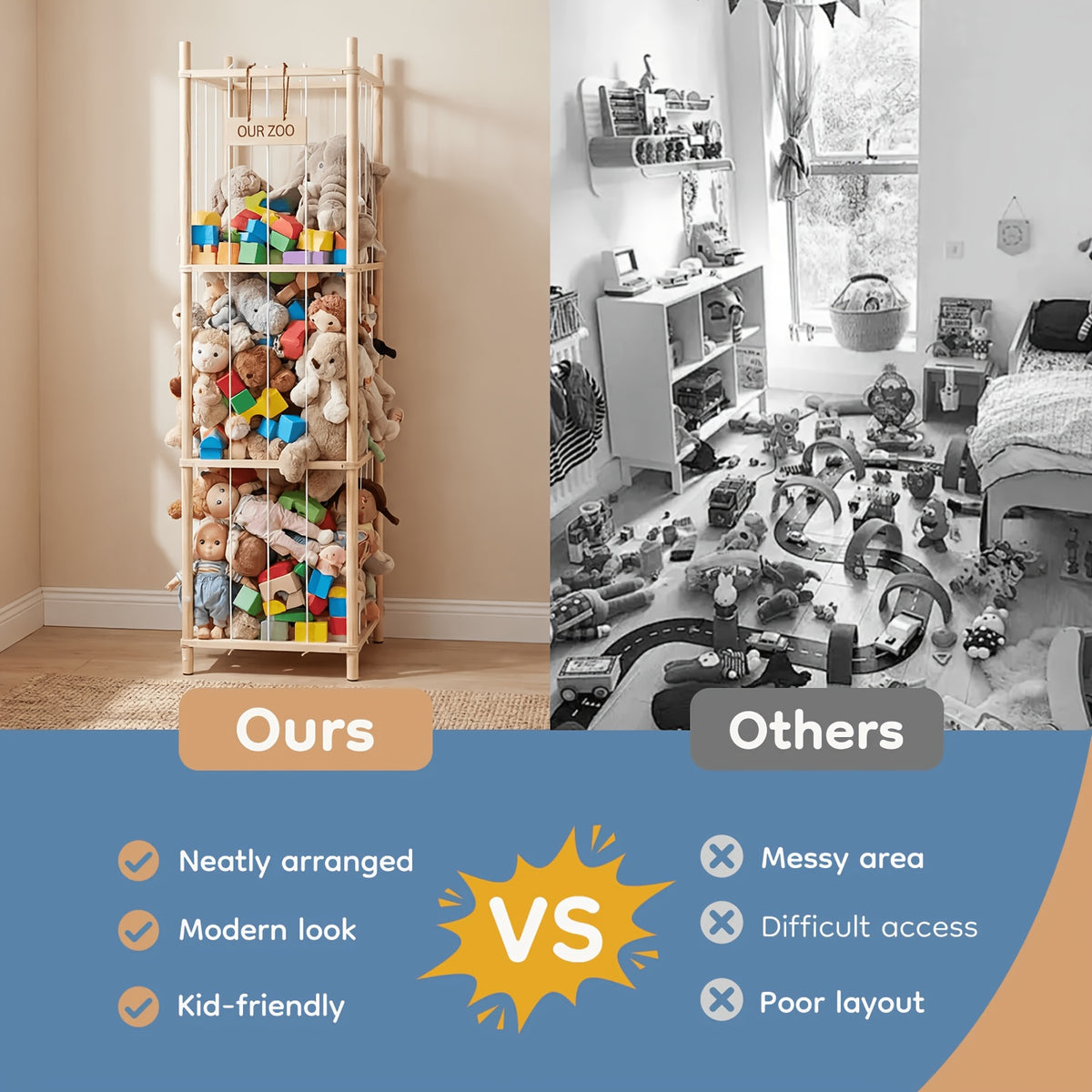 Plush Toy Storage Organizer for Kids' Bedroom and Playroom, Stuffed Animal Holder in Wood-Look, White or Pink Options for Children's Spaces