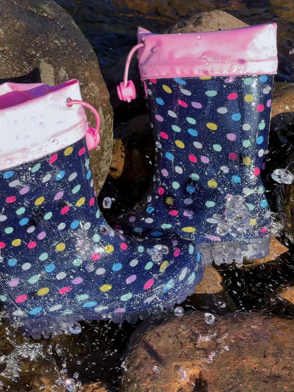 Kids Rain Boots in Cyan, PVC Short Ankle Boots with Polka Dot and Cartoon Prints, Easy-Clean Non-Slip Sole for Toddler and Little Kid Rainy-Day Outdoor Play