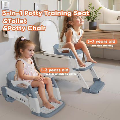 Toddler Potty Seat with Safety Harness, 3-in-1 Foldable Portable Toilet Trainer and Adjustable Step Stool for Boys and Girls