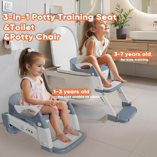Toddler Potty Seat with Safety Harness, 3-in-1 Foldable Portable Toilet Trainer and Adjustable Step Stool for Boys and Girls