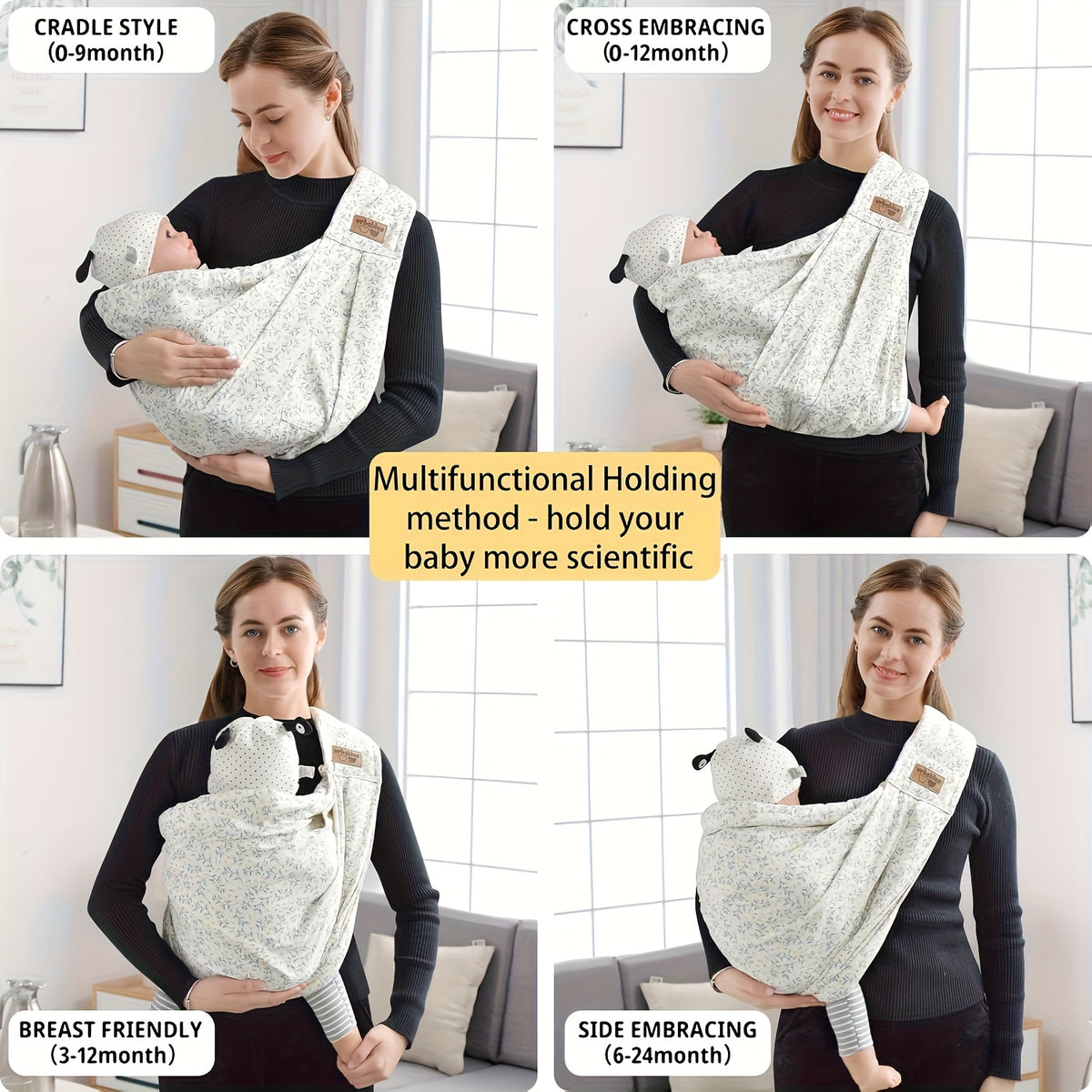 Pocketed Baby Sling Carrier for 1-24 Months, Vrbabies Lightweight Front Carry with Adjustable Shoulder Strap in Yellow Flower or Blue Porcelain