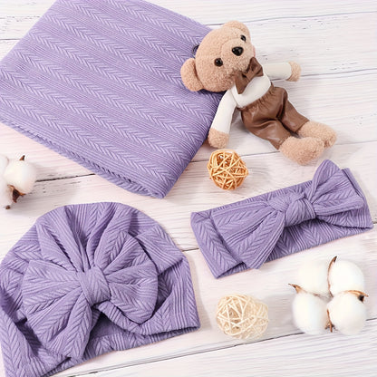 Baby Swaddle Blanket Gift Set with Matching Hat and Bow Headband, 3-Piece Newborn Wrap Accessories for Girls and Boys in Four-Season Colors