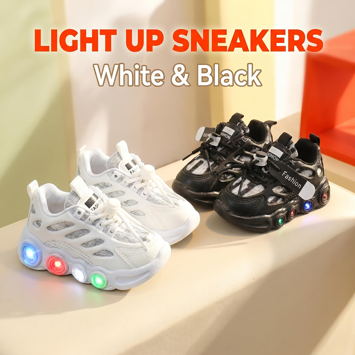 Color-Changing LED Toddler Shoes with Cartoon Design, Light-Up Kids Sneakers in Black or White for Boys and Girls, US Toddler and Little Kid Sizes