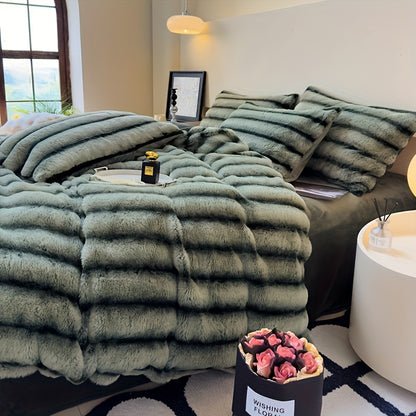 Striped Faux Rabbit Fur Throw Blanket with Flannel Back, Double-Sided Sofa and Bed Cover in Throw, Twin XL, Queen or King Sizes and Multiple Colors